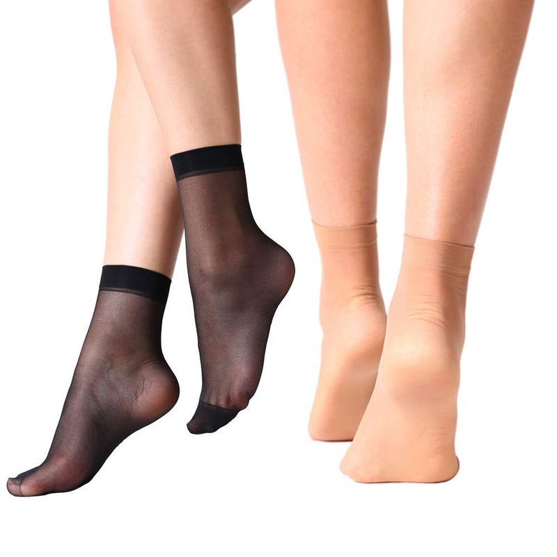 MANZI 12 Pairs Nylon Pantyhose Socks Ankle Sheer Hosiery One Size Natural with Black - Image 5